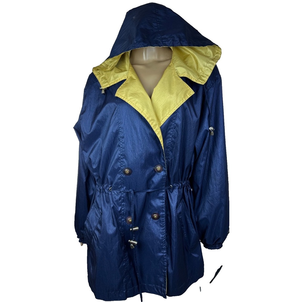 Totes Windbreaker Jacket Navy Blue Sz XL Hooded Yellow Trim Buttons & Drawstring